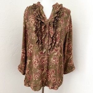 Soft Surroundings Shirt Womens Medium Green Floral Print Ruffle Button front Top